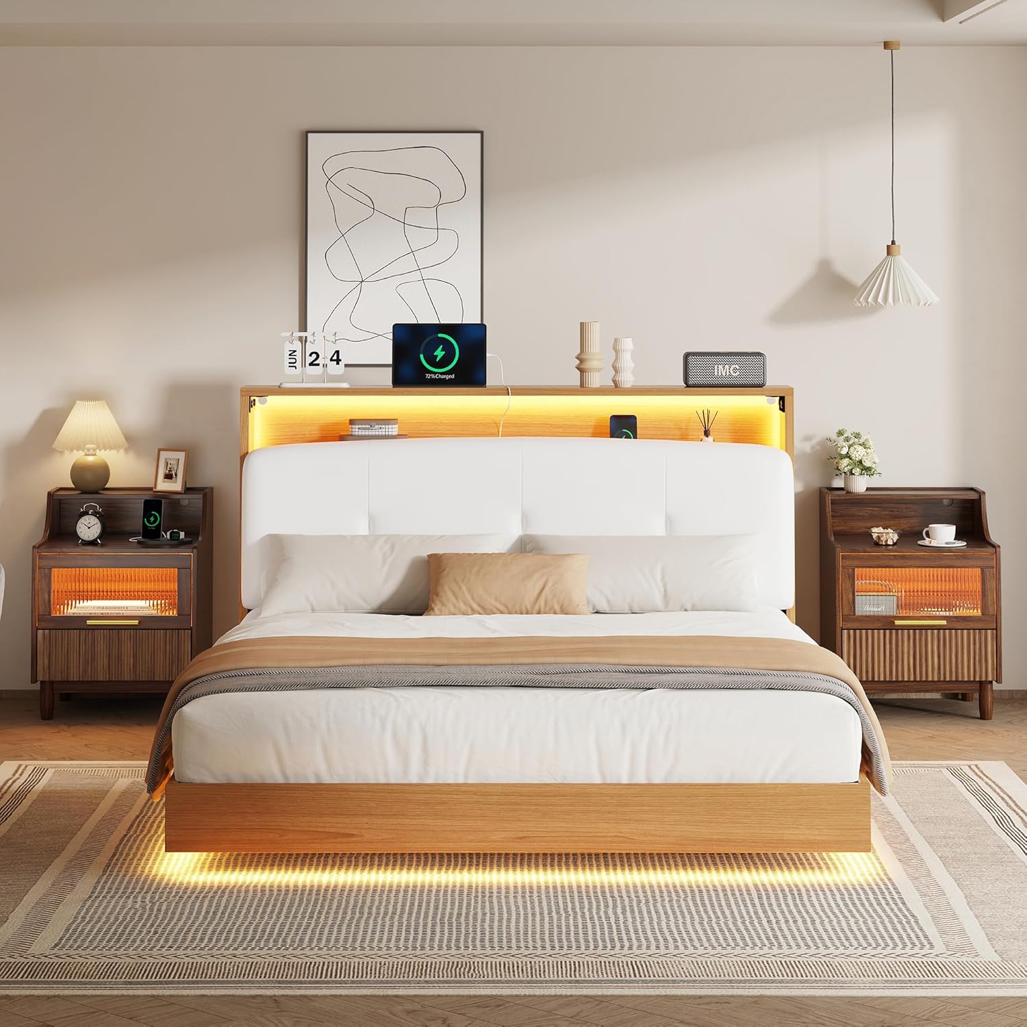 Einhomn Nightstand Set of 2 with Charging Station & LED Light, Fluted Beside Table with Drawer & Transparent Storage, Side Table for Living Room, Narrow Bedside Table for Bedroom Small Space, Walnut
