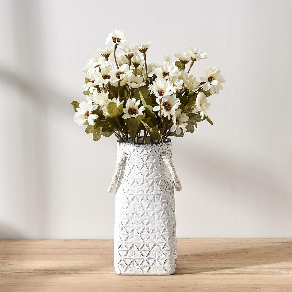 Vaseking Elegant White Petite Vase, 7 inch Ceramic Modern Minimalism Geometric Texture Purse Vase with Hanging Rope, Creative Tote Bag Vases for Home Decor, Living Room, Wedding, Bookshelf Decor