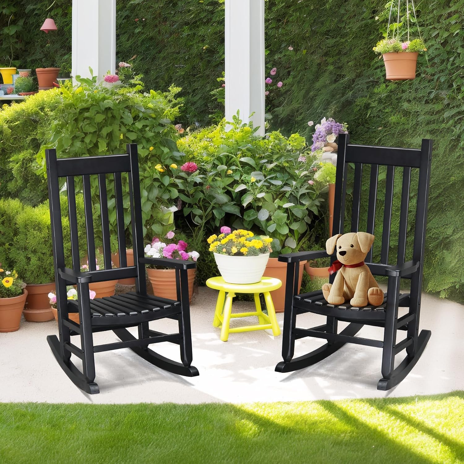 Bonnlo Kids Rocking Chair, Wooden Rocker with Classic Design, Solid Hardwood Construction, Indoor Nursery Furniture for Reading, Eating, Playing, Classroom and Bedroom (Black)