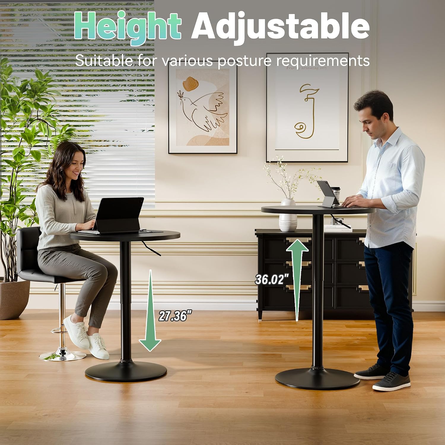 Furmax Bistro Pub Table Height Adjustable Round Bar Table 27.4-36 Inches, 360°Swivel Cocktail Table for Dining Room, Party, Café (1, Black)