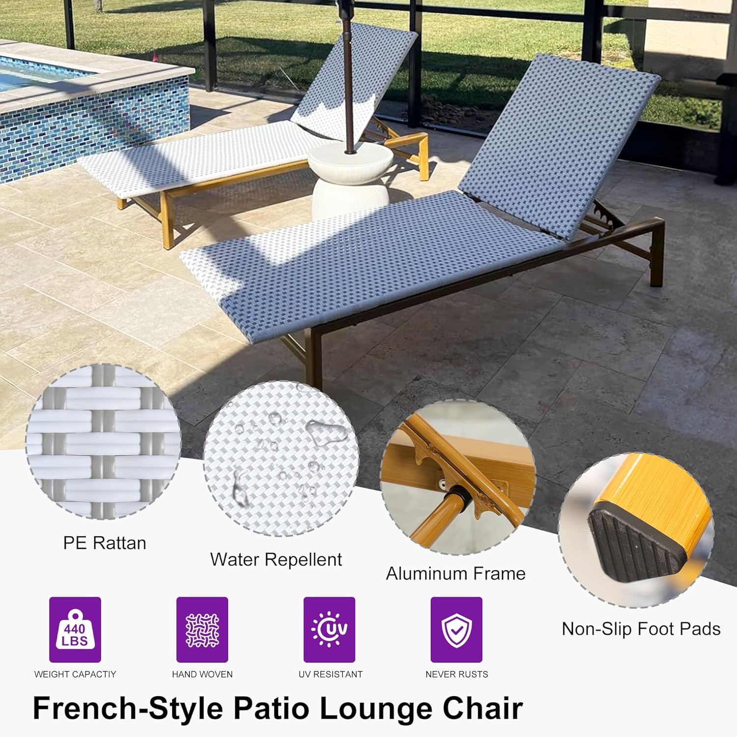 PURPLE LEAF Patio Chaise Lounge French Outdoor Lounger 2 Pieces Wood-Grain Finish Aluminum Wicker Lounge Chair with Adjustable Backrest for Pool Garden Beach and Backyard White and Grey