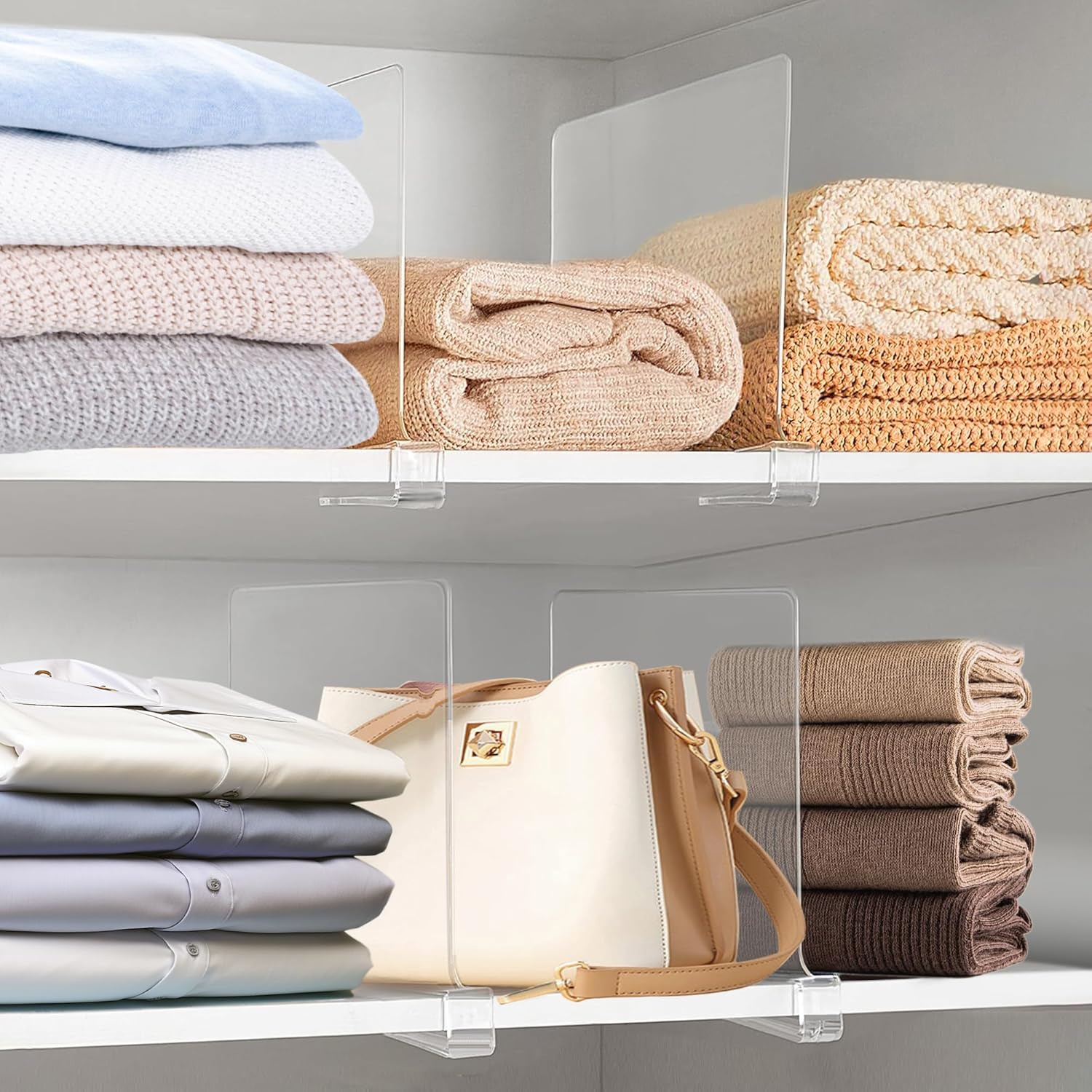 12 Inches [Extra Tall Version] Clear Shelf Dividers for Closet Organization and Storage, 6 Pack Purse Organizer for Closet Acrylic Adjustable Bookshelf for Organization, Perfect for Sweater, Clothes