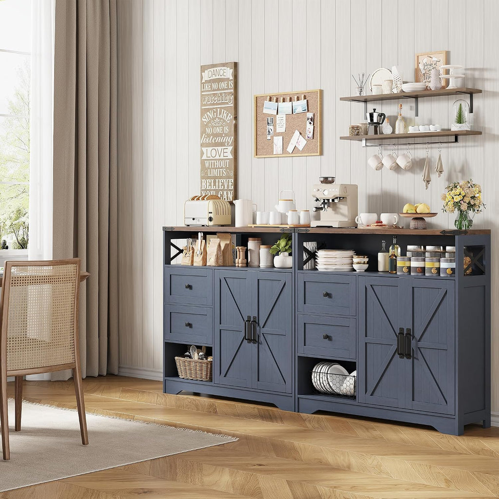 Vabches Farmhouse Buffet Sideboard Cabinet with 2 Drawers and Open Shelf, 27.5" Storage Cabinet with Adjustable Shelves and Door, Coffee Bar Hutch Pantry for Kitchen, Living Room, Blue (38.5" L)
