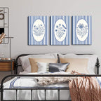 3pcs Blue Striped Floral Canvas Wall Art Minimalist Wildflower Silhouette Poster Print Rustic Farmhouse Decor For Bedroom Bathroom Living Room Office Kitchen Wall Deco( 12×18in Stretched Canvas on A Wooden Frame)