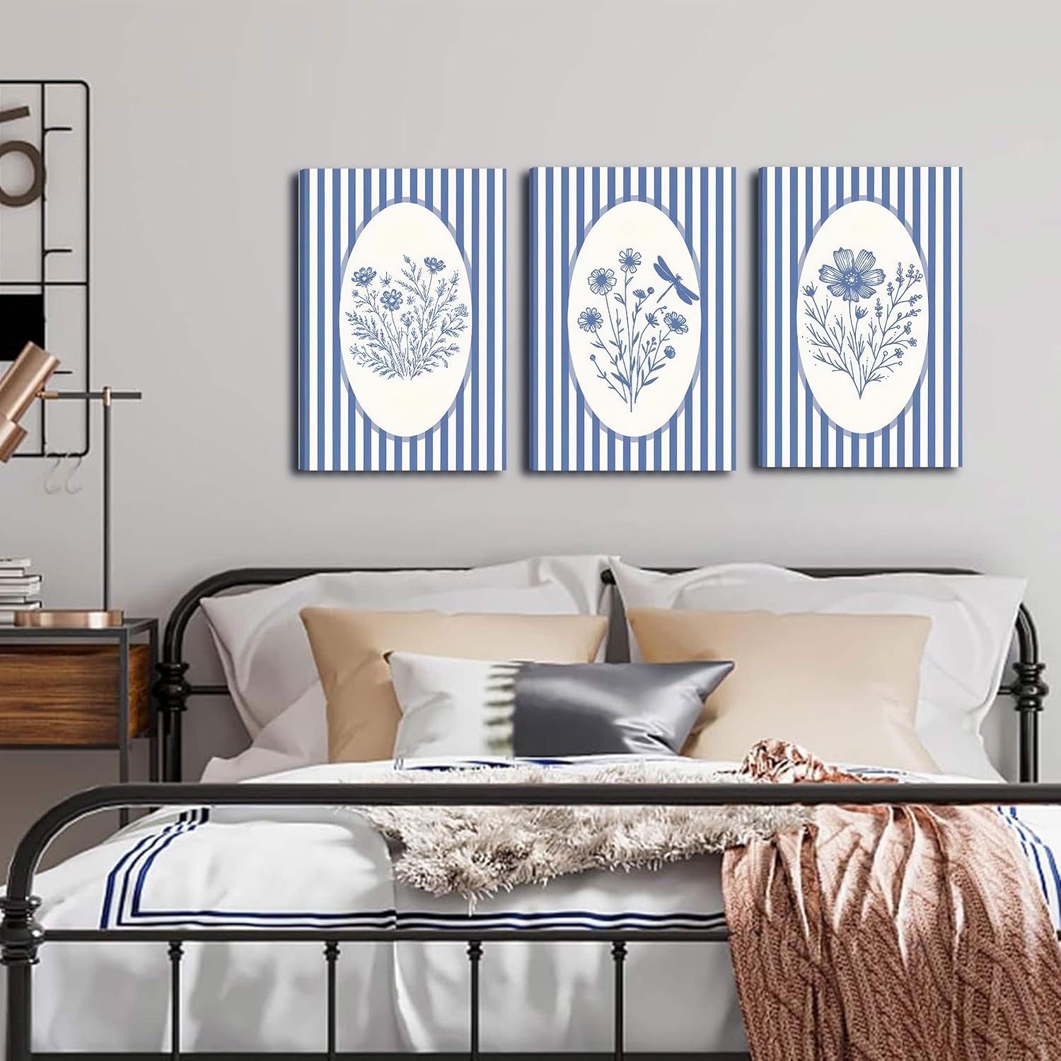 3pcs Blue Striped Floral Canvas Wall Art Minimalist Wildflower Silhouette Poster Print Rustic Farmhouse Decor For Bedroom Bathroom Living Room Office Kitchen Wall Deco( 12×18in Stretched Canvas on A Wooden Frame)