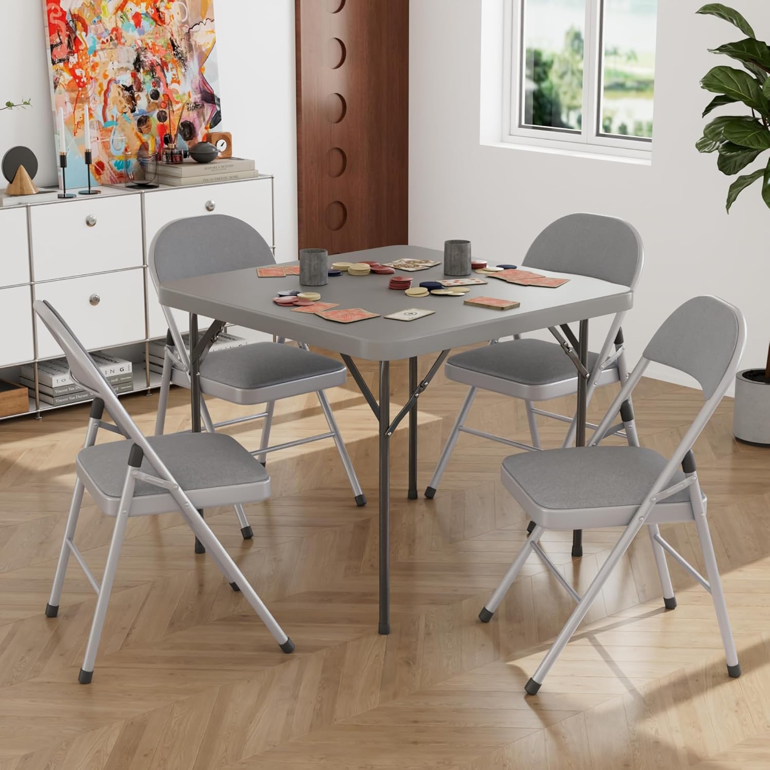 VECELO 5 Piece Folding Card Table Square and Chairs Set, Collapsible Legs & Portable for Indoor/Outdoor, Picnic, Dark Grey