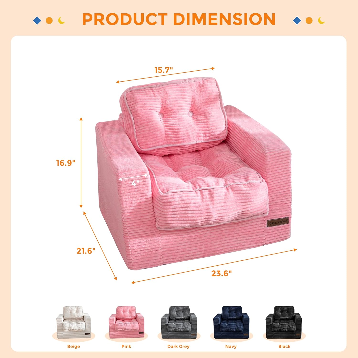 MAXYOYO Kids Bean Bag Chair, Upholstered Bean Bag Sofa Cloud Seat for Boys and Girls, Boneless Couch with Tufted Cushion & Pillows, Kids Sofa in A Box, No Assembly Required, Pink