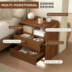 23.6" Walnut Nightstand Set of 2 with Charging Station, Motion-Activated LED Light & Soft Close Lockable Drawer, Anti-Collision Mid Century Modern Bedside Table with 500 LB Capacity & Hidden Storage