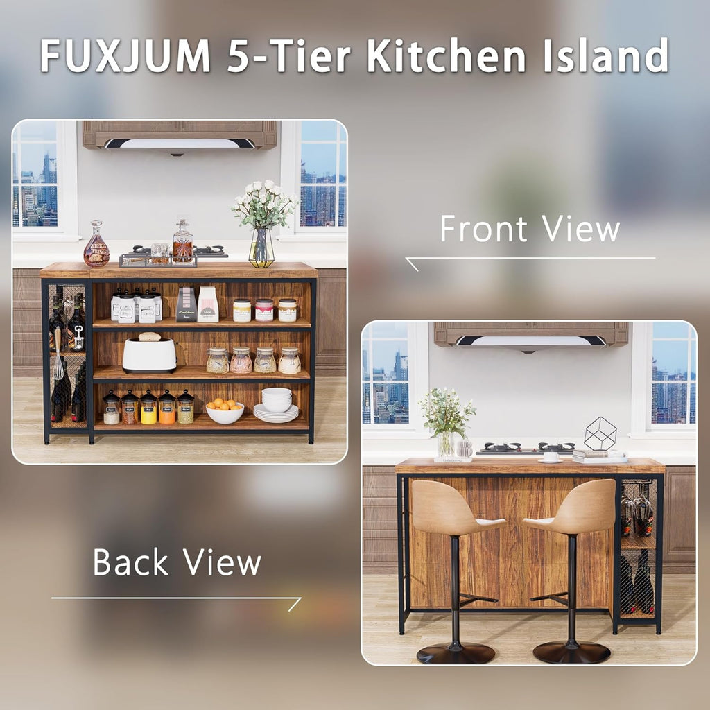 55" Kitchen Island with Seating & Storage, Farmhouse Island Table with 5-Tier Shelves, Large Countertop, Coffee Bar Cabinet with 2 Stemware Racks, Rustic Brown