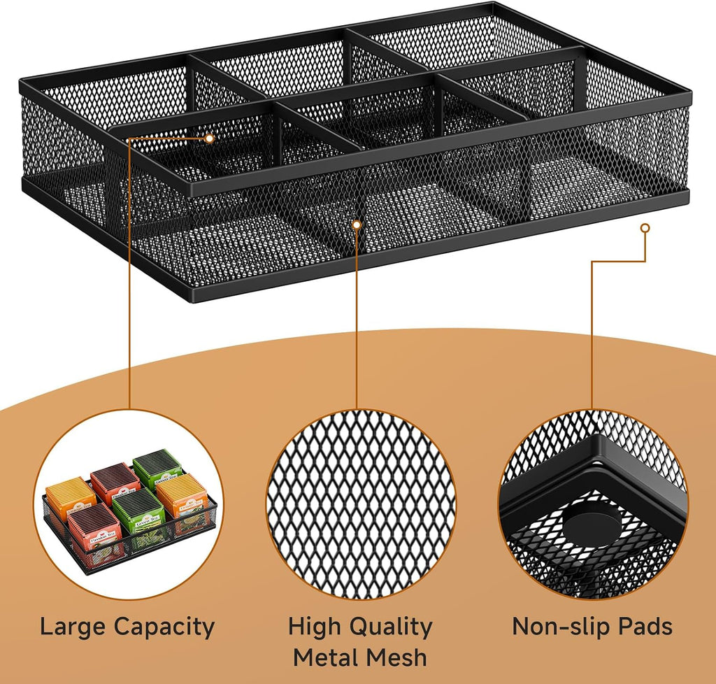 Tea Bag Organizer 6 Grids. Mesh Tea Bag Holder with Handle, Teabag Holder, Tea Station Organizer for Countertop, Pantry, Kitchen, Cabinet - Black