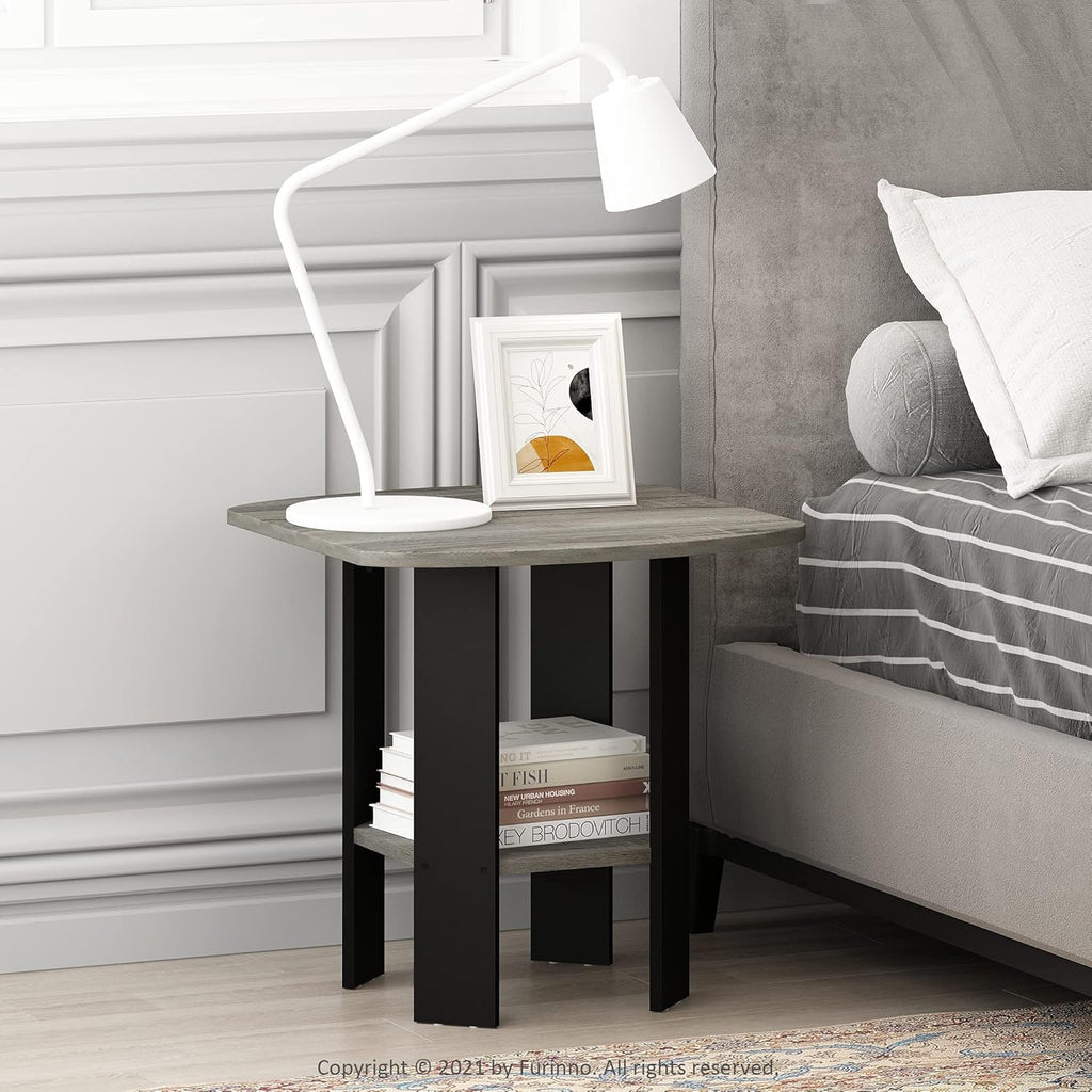 Furinno Simple Side Table Set of 2, 2-Tier Grey End Table with Soft Edges, Open Shelf Night Stand, Bedside Table, for Living Room, Bedroom, Grey Oak