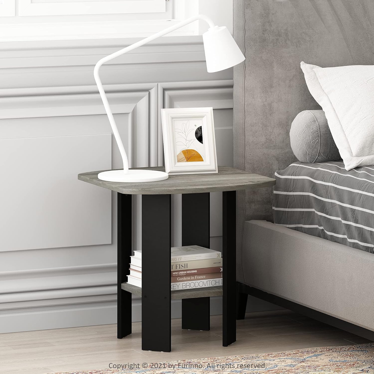 Furinno Simple Side Table Set of 2, 2-Tier Grey End Table with Soft Edges, Open Shelf Night Stand, Bedside Table, for Living Room, Bedroom, Grey Oak