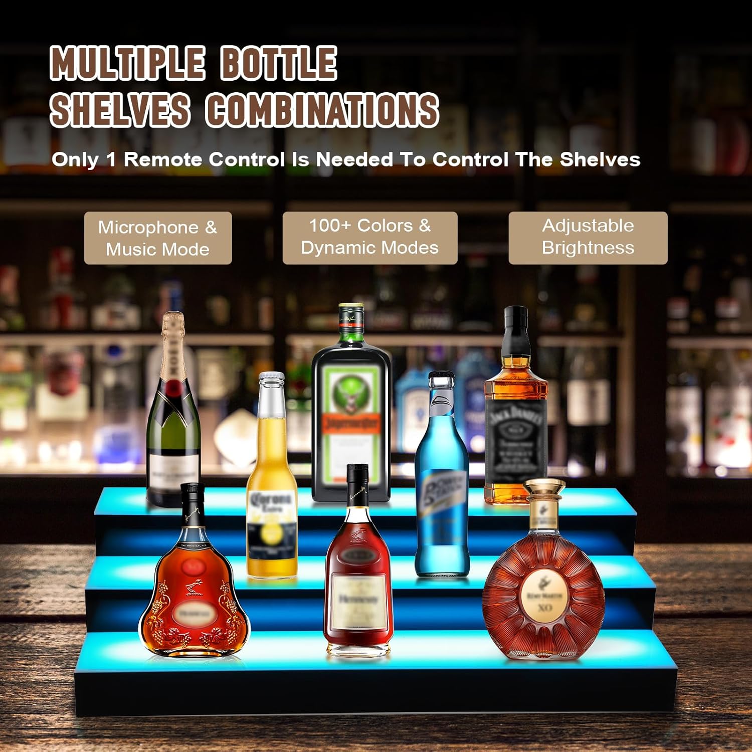 Dollate 3 Tier 16 Inch LED Lighted Liquor Bottle Display, LED Tabletop Wine Shelves Adjustable Lighting & Colors Liquor Storage Rack for Home Bar