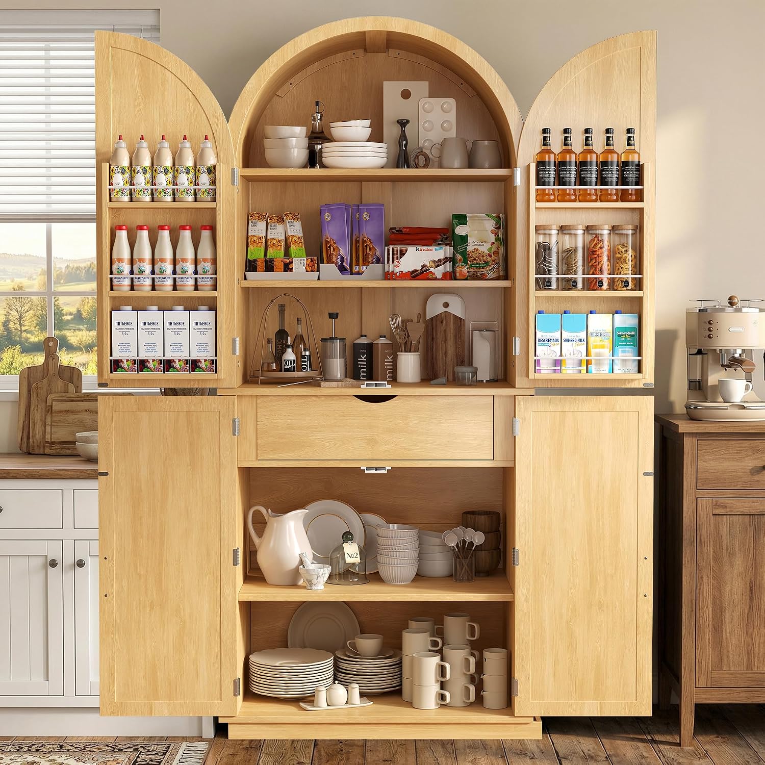 Einhomn 71" Tall Arched Pantry Cabinet, Farmhouse Wooden Kitchen Storage Cabinet with Adjustable Shelves, 6-Tier Door Shelves & Drawer, for Dining Room, Living Room, Bathroom, Natural