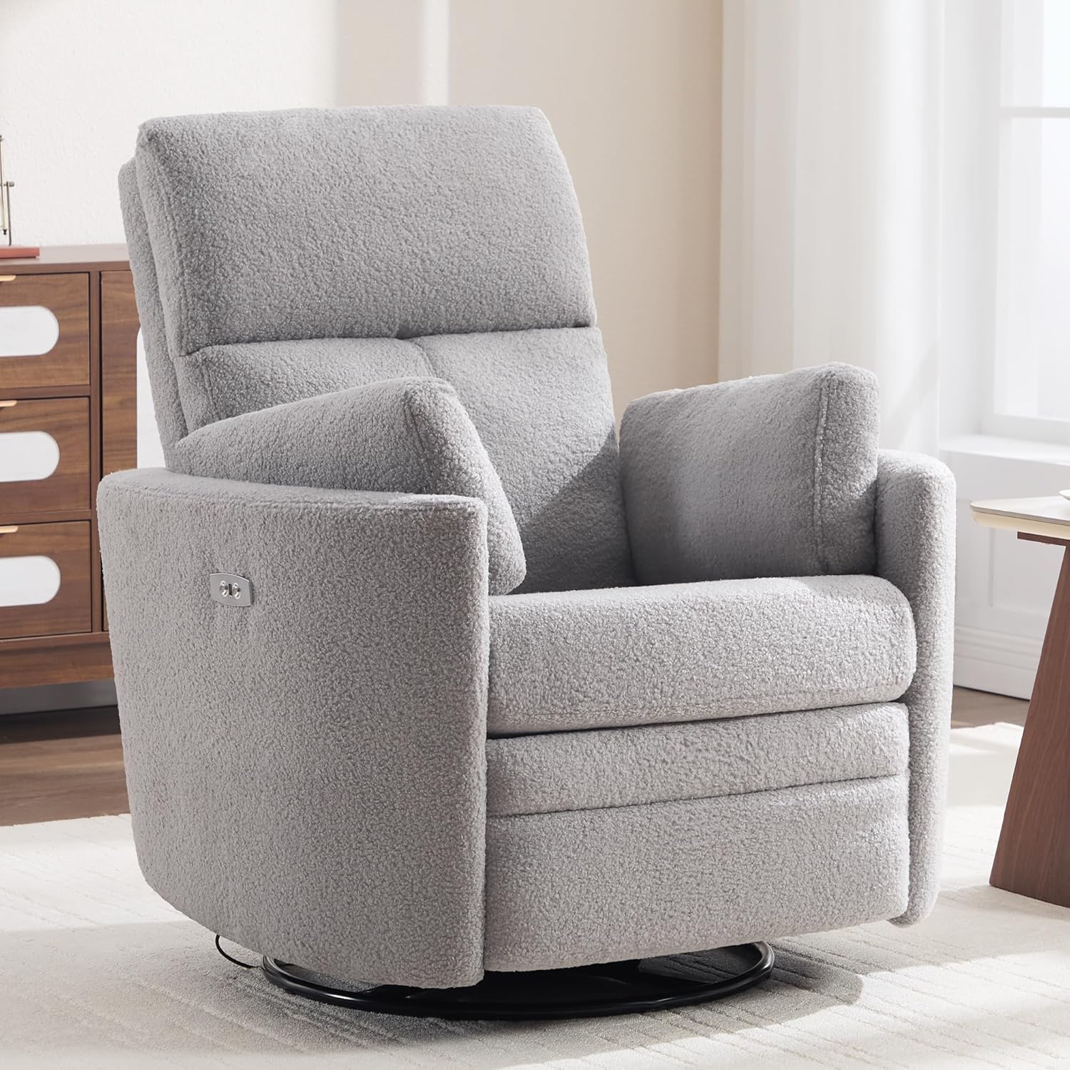 Power Recliner,Nursery Swivel Glider Rocking Chair with USB Port,Upholstered Adult Electric Recliner Rocking Chair with 2 Pillows for Living Room Bedroom(Lightgrey Teddy, Power-Driven)
