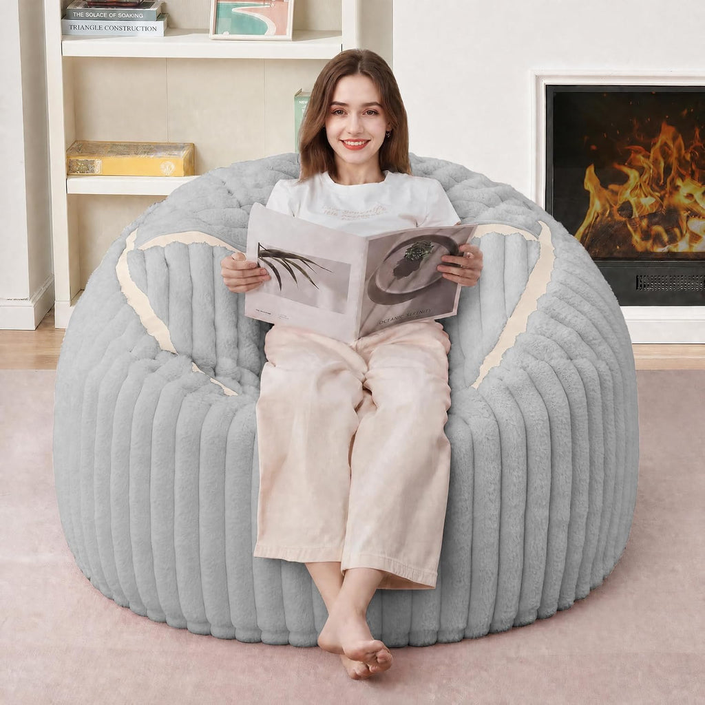 HABUTWAY Bean Bag Chair 3FT Big Bean Bag Chairs for Adults with Memory Foam Filled,3'Beanbag Chair with Soft Faux Fur Cover,Comfy Bean Bag Sofa for Classroom,Living Room,Bedroom-Light Grey&White