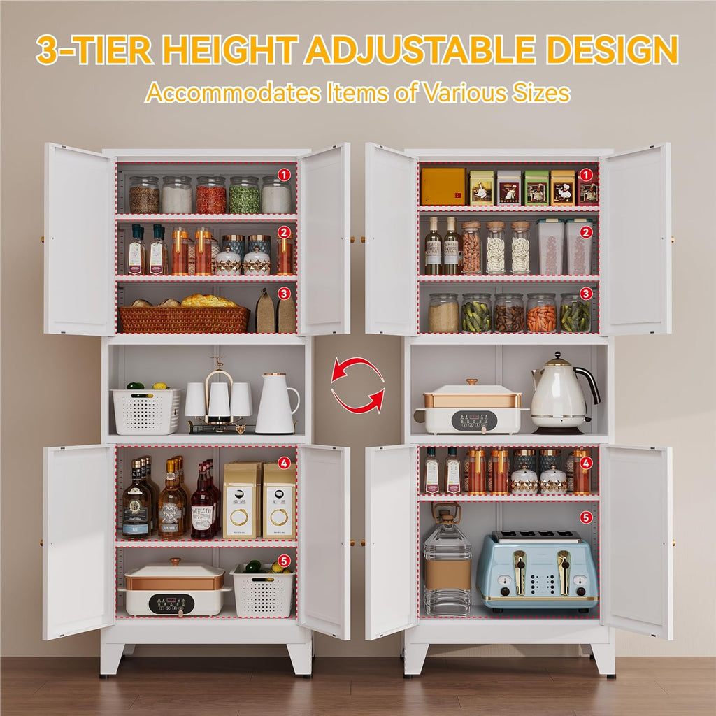 YAUWOH 69" Tall Metal Pantry Cabinet with Microwave Shelf, 4 Doors & 3 Adjustable Shelves, 120LBS Per Shelf Heavy Duty Storage Cabinet with Anti-Tip Design for Kitchen,Dining Room (1PC,White)