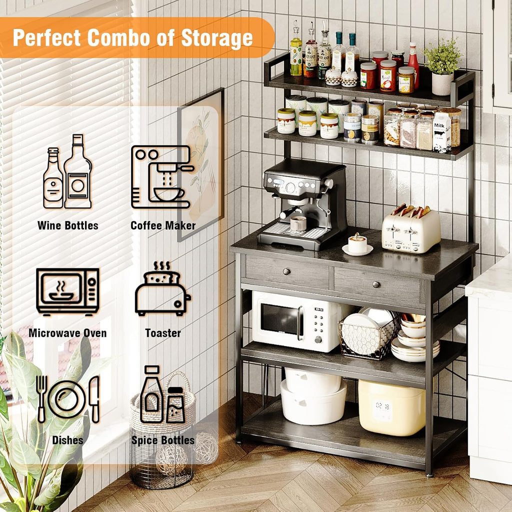 Mexin Baker's Rack with Power Outlet, 5-Tier Kitchen Storage Shelf with 2 Drawers, Industrial Microwave Stand Coffee Bar Station, 58.5" Heavy Duty Utility Rack for Spice Pots and Pans, Gray Oak