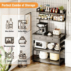 Mexin Baker's Rack with Power Outlet, 5-Tier Kitchen Storage Shelf with 2 Drawers, Industrial Microwave Stand Coffee Bar Station, 58.5" Heavy Duty Utility Rack for Spice Pots and Pans, Gray Oak