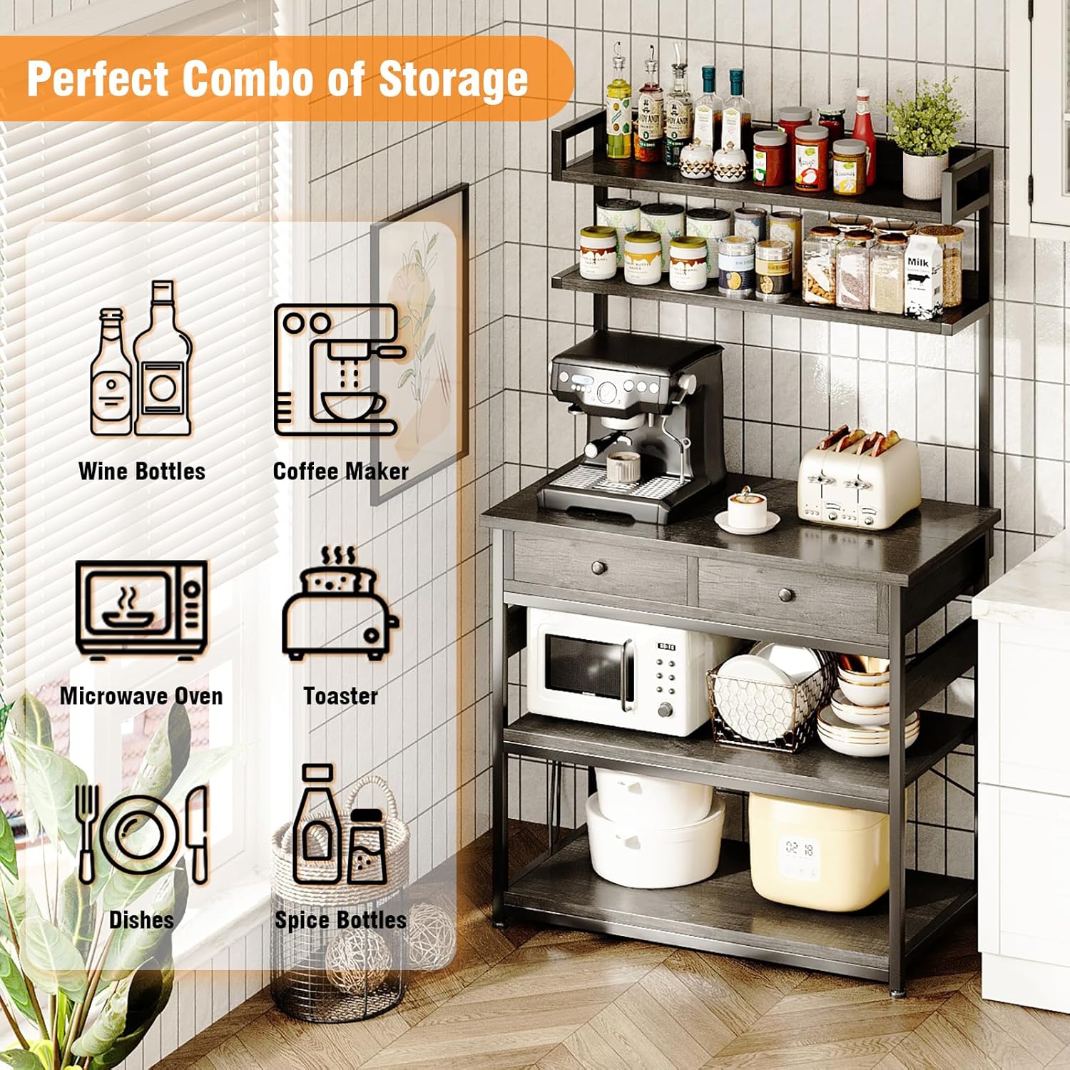 Mexin Baker's Rack with Power Outlet, 5-Tier Kitchen Storage Shelf with 2 Drawers, Industrial Microwave Stand Coffee Bar Station, 58.5" Heavy Duty Utility Rack for Spice Pots and Pans, Gray Oak