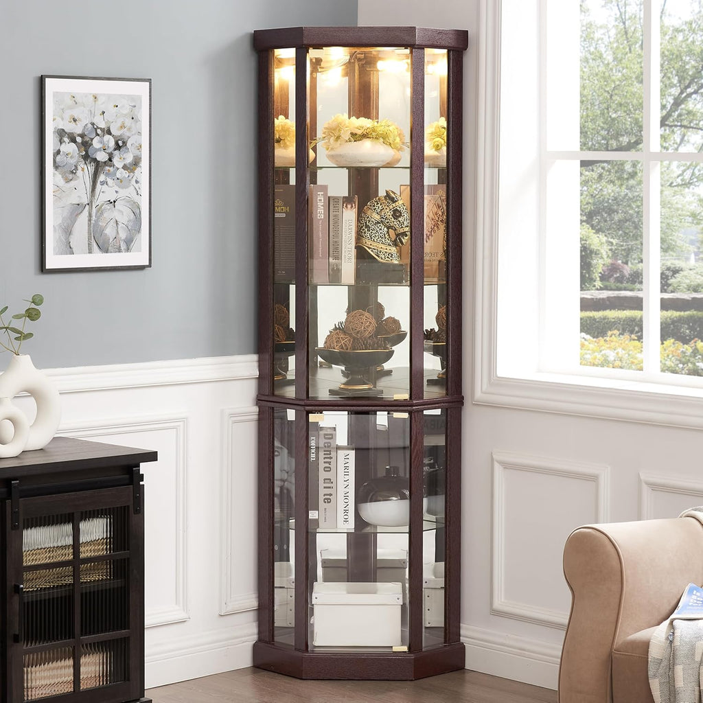 69" H Lighted Corner Display Cabinet, Curio Corner Glass Cabinet w/Adjustable Shelves & Glass Door, 5-Tier Wooden Storage Display Case w/Mirrored Back Pane for Living Room