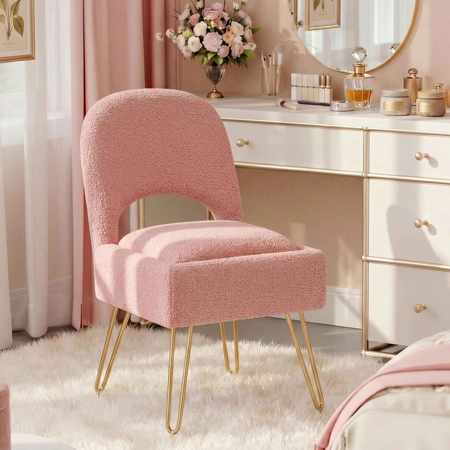 Vanity Chair with Storage & Folding Backrest, Cute Pink Faux Fur Vanity Stool, Comfy Padded Make Chair for Makeup Bedroom, Adjustable Back & Plush Cushion Seat,16.6" Wide 11L Storage Space