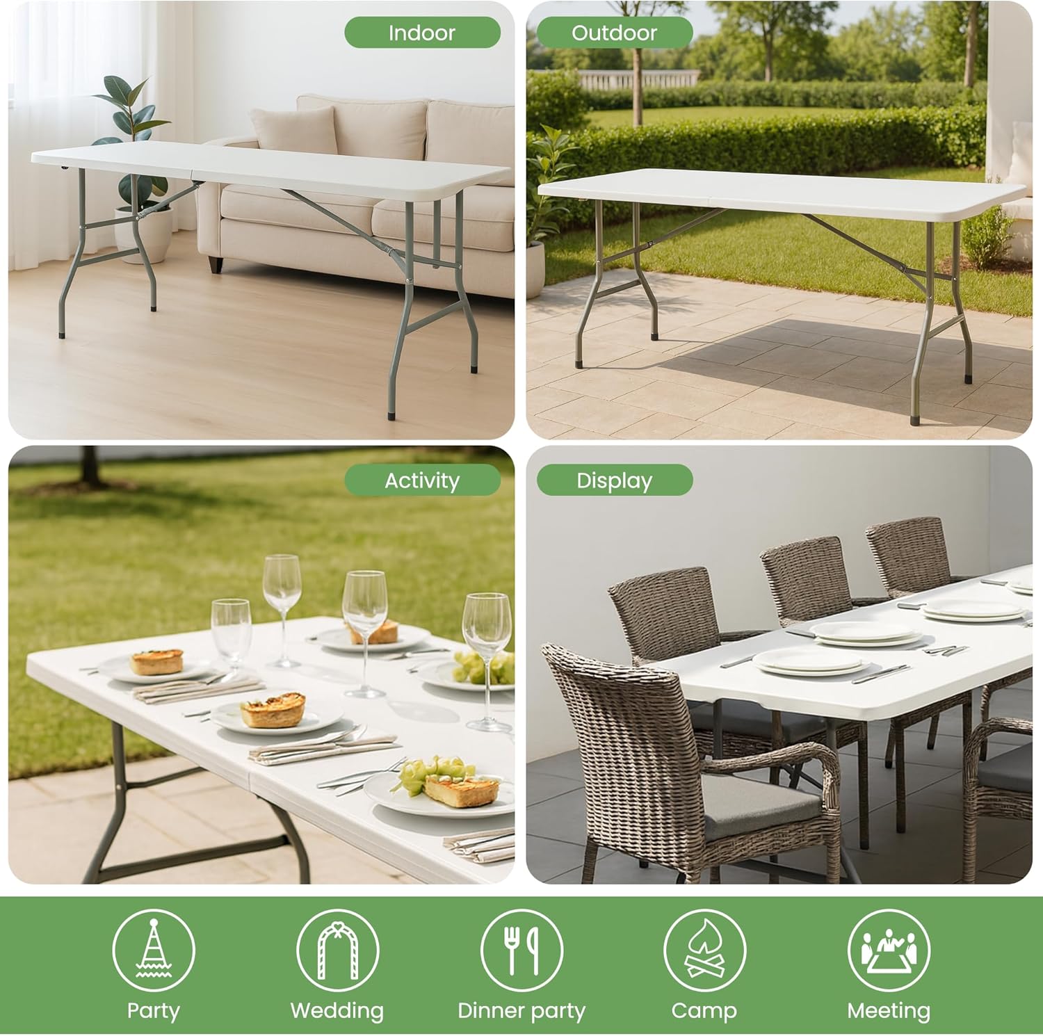 Folding Table 6FT Portable Heavy Duty Plastic Table with Carrying Handle Fold-in-Half Utility Foldable Tables for Parties Wedding Events Dining Indoor Outdoor Picnic (White)