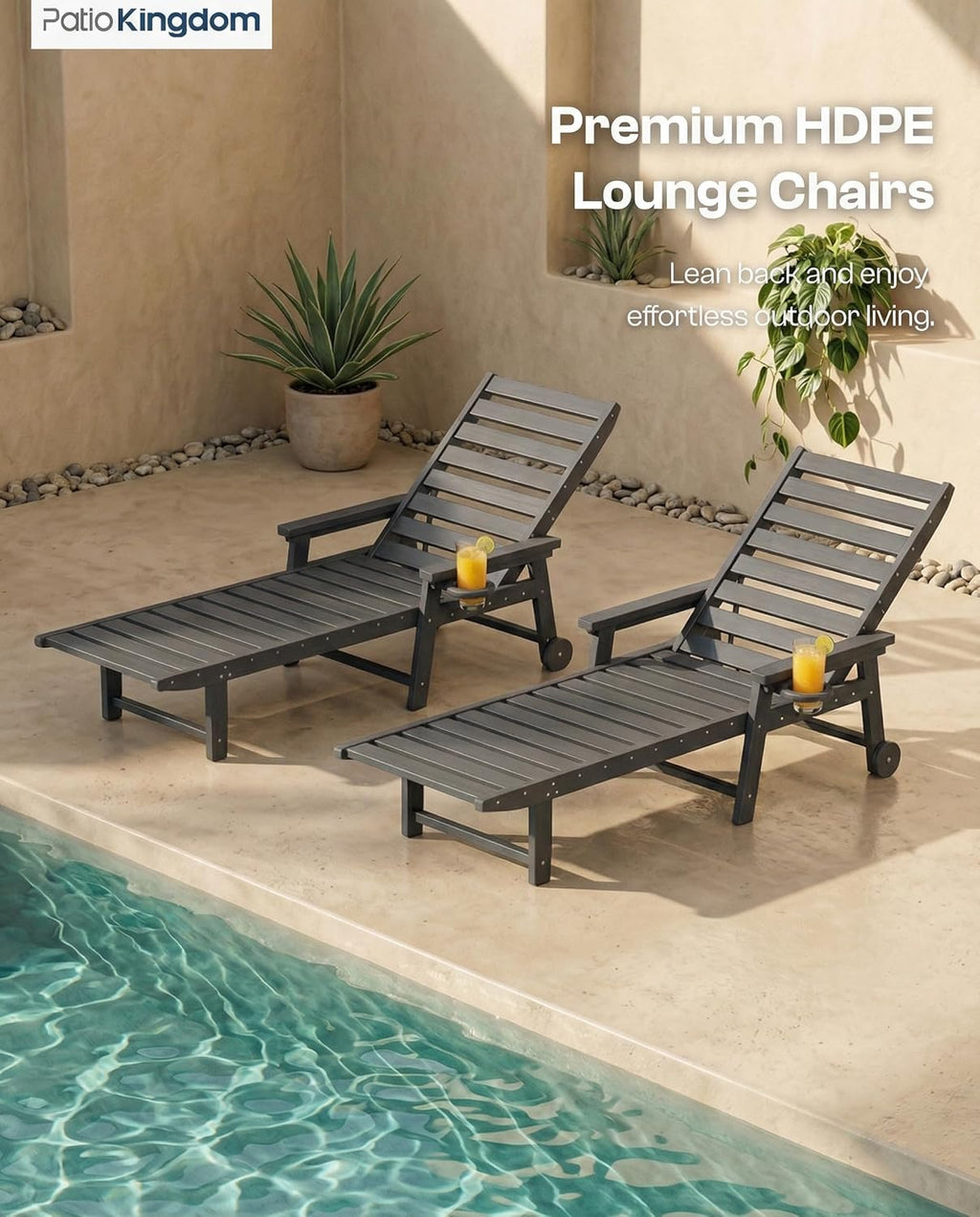 5-Position Adjustable Lounge Chair Outdoor, HDPE Outdoor Chaise Lounge with Cup Holder & Wheels, Pool Lounge Chairs for Poolside, Beach, Deck, Grey