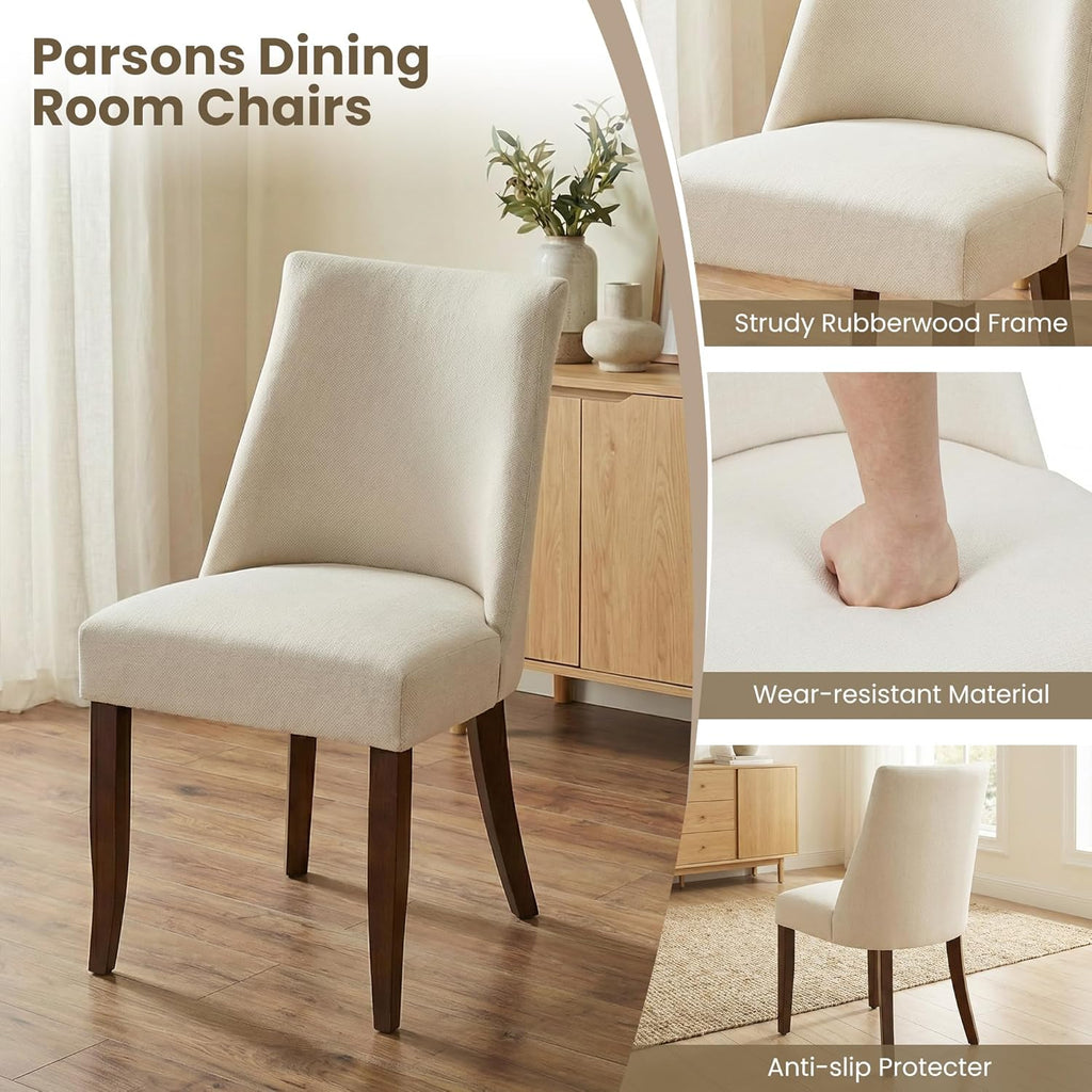 Wooden Dining Chairs Set of 6, Upholstered Farmhouse Fabric Dining Room Chair, Mid Century Kitchen Chair for Restaurant & Cafe, Beige
