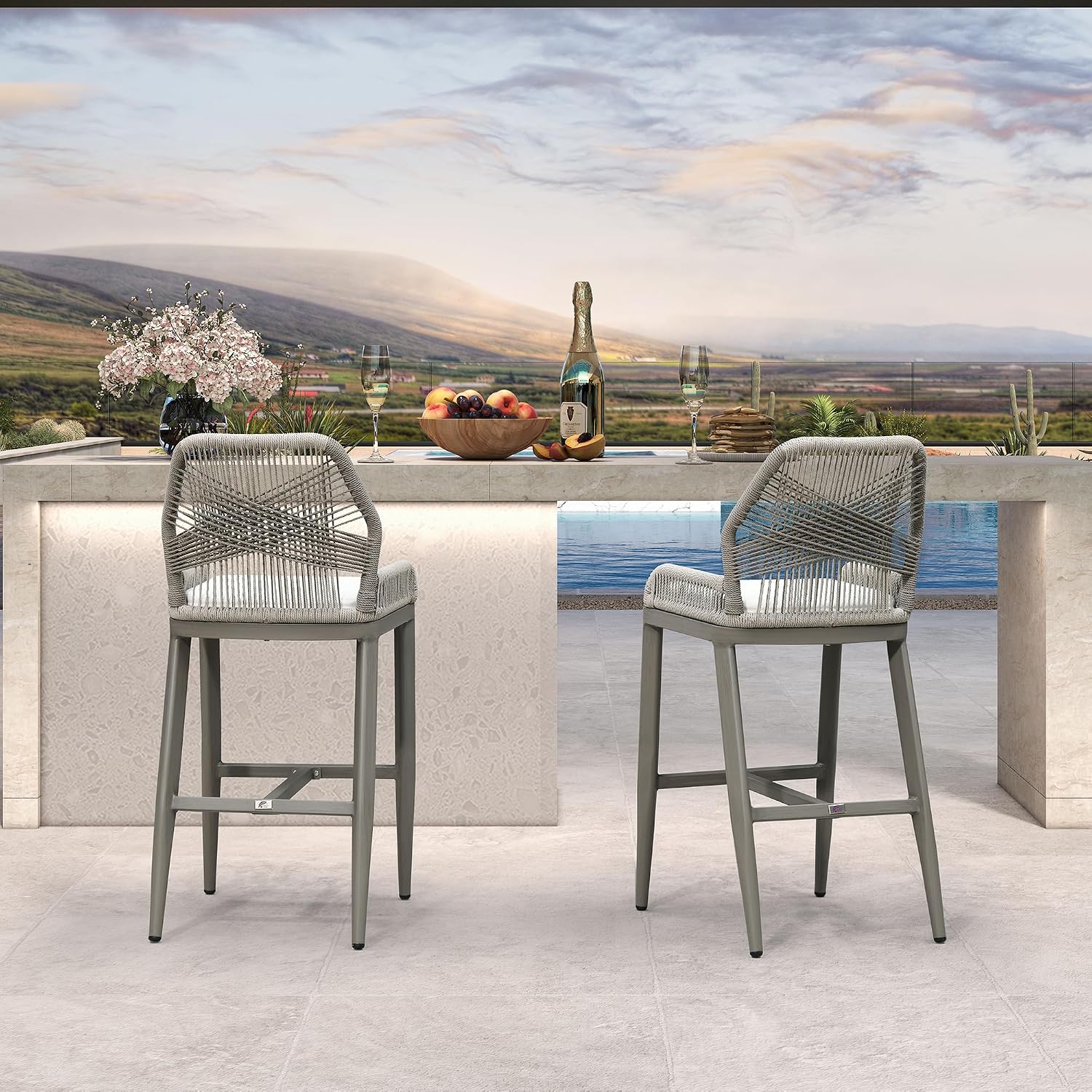 PURPLE LEAF Patio Bar Stools 28" H Set of 2 Handwoven Wicker Bar Height Stool Modern Aluminum High Bar Chairs Outdoor Wicker Barstools with Back and Cushion for Kitchen Pool Island