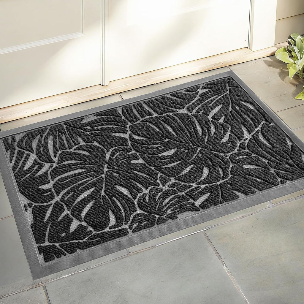 Monstera Front Door Mat Outdoor Indoor Leaf Welcome Doormat Entrance Rubber Mats for Patio Waterproof Entry Entryway Easy Clean Floor Mats Black 30"x17"
