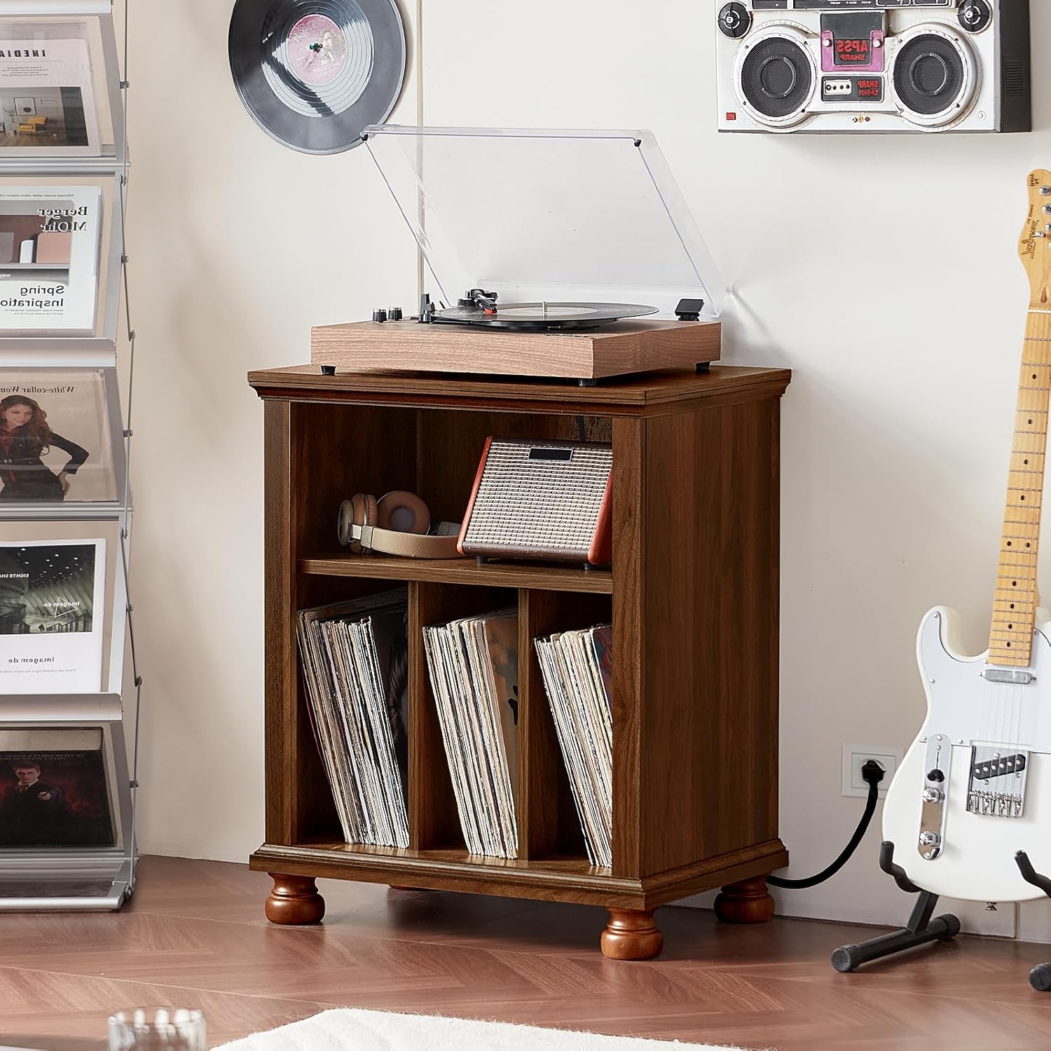Joaxswe Record Player Stand with Charging Station Up to 200 Albums, 24" Wide Mid-Century Record Player Table with Vinyl Record Storage,Large Wood Turntable Stand Dispaly Cabinet for Living Room,Brown