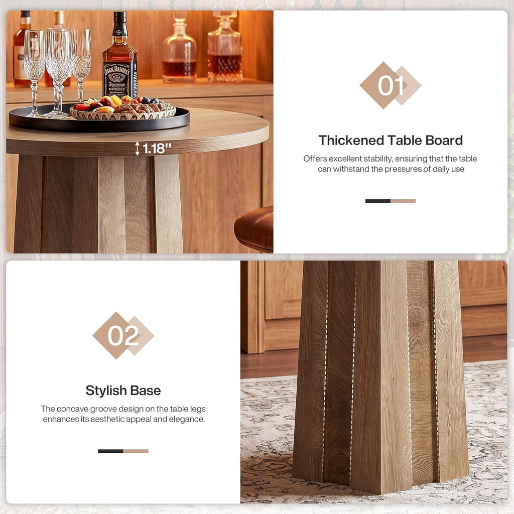 Tribesigns Round Bar Table, 31.5-Inch Counter Height Pub Table with Fluted Base, Brown Bistro Table for Kitchen, Dining Room, Small Spaces