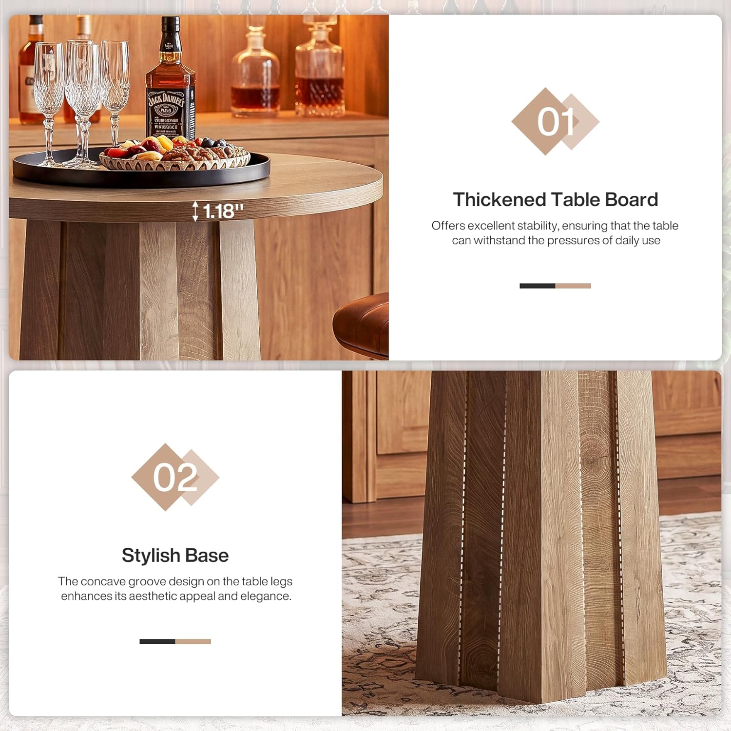 Tribesigns Round Bar Table, 31.5-Inch Counter Height Pub Table with Fluted Base, Brown Bistro Table for Kitchen, Dining Room, Small Spaces