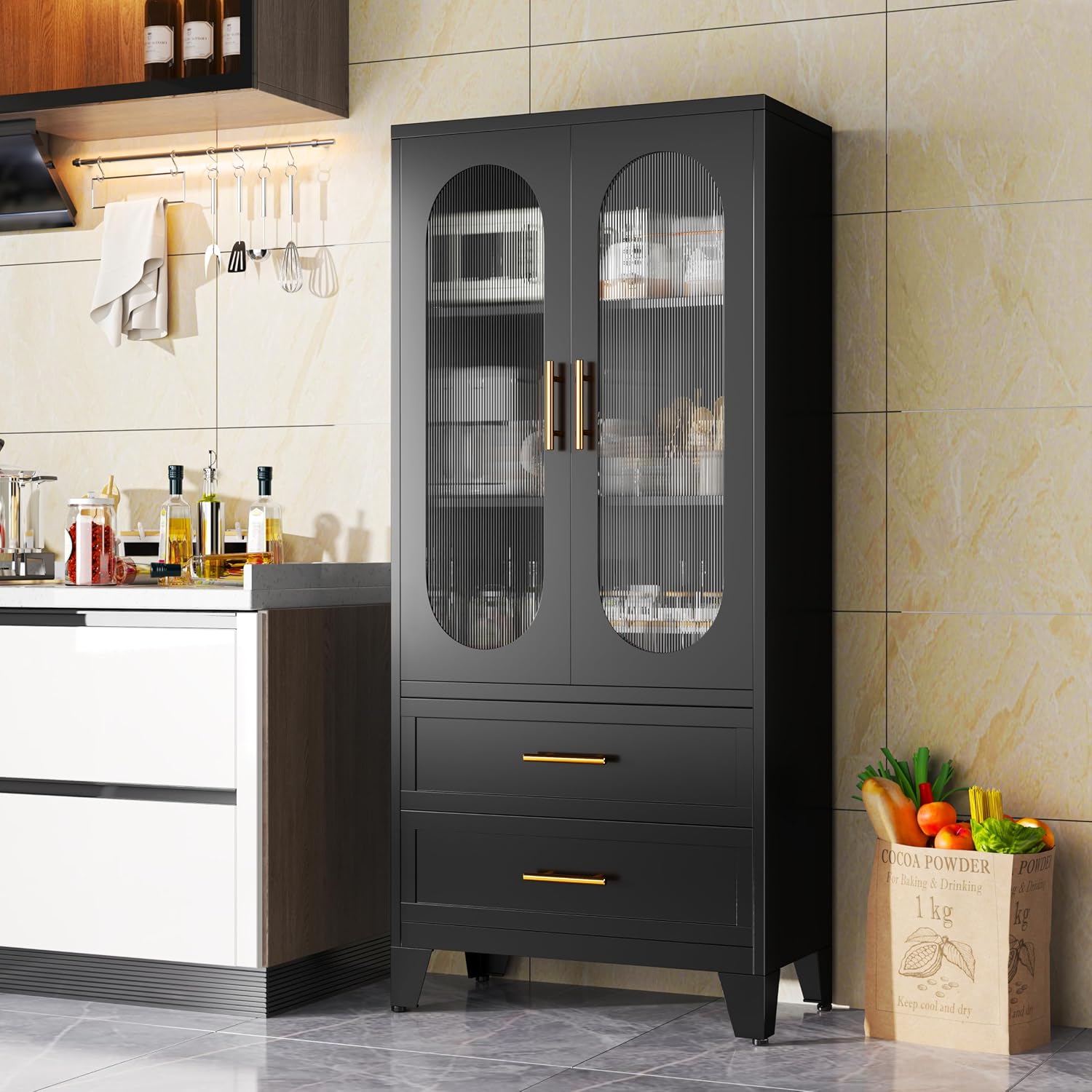 winiowa 61" Tall Kitchen Pantry Storage Cabinet, Black Metal Storage Cabinet with Adjustable Shelves & Glass Doors & Drawers, Food Pantry Cabinets for Kitchen, Bathroom, Dinning Room, Living Room