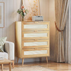 Rattan TV Stand, 4-Drawer Wooden Boho Media Console with Gold Metal Handles, Light Oak Storage Cabinet for Living Room, Office