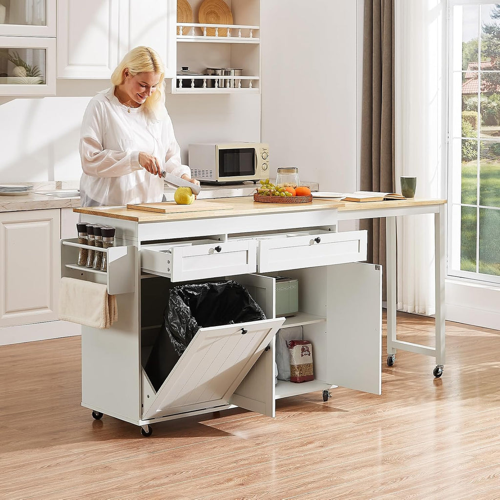 ONBRILL Kitchen Islands with Extendable Dining Table, 81.7" Mobile Kitchen Storage Islands, Rolling Kitchen Cart with Trash Cabinet, Power Outlet, Spice Rack & Towel Rack, White