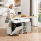ONBRILL Kitchen Islands with Extendable Dining Table, 81.7" Mobile Kitchen Storage Islands, Rolling Kitchen Cart with Trash Cabinet, Power Outlet, Spice Rack & Towel Rack, White