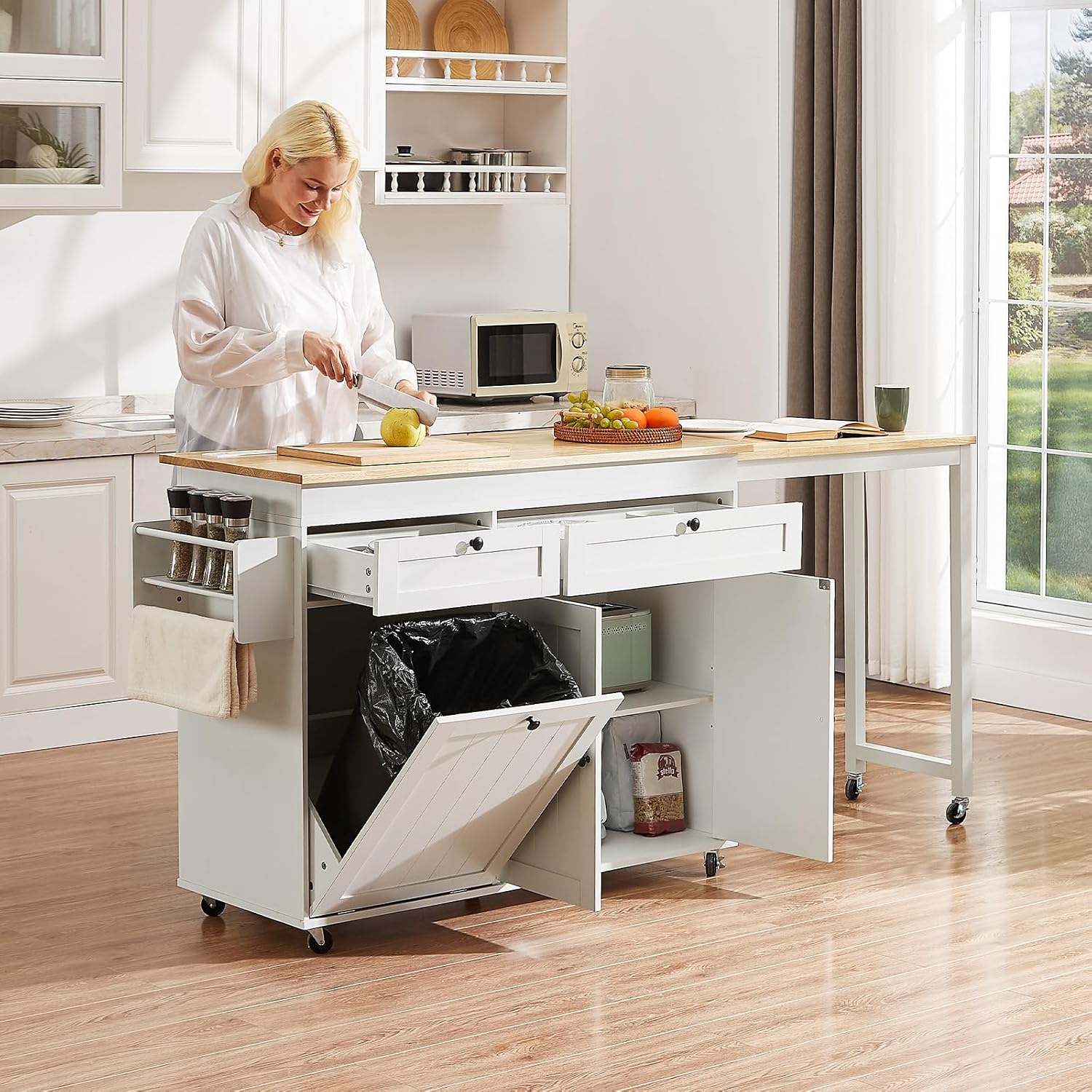 ONBRILL Kitchen Islands with Extendable Dining Table, 81.7" Mobile Kitchen Storage Islands, Rolling Kitchen Cart with Trash Cabinet, Power Outlet, Spice Rack & Towel Rack, White