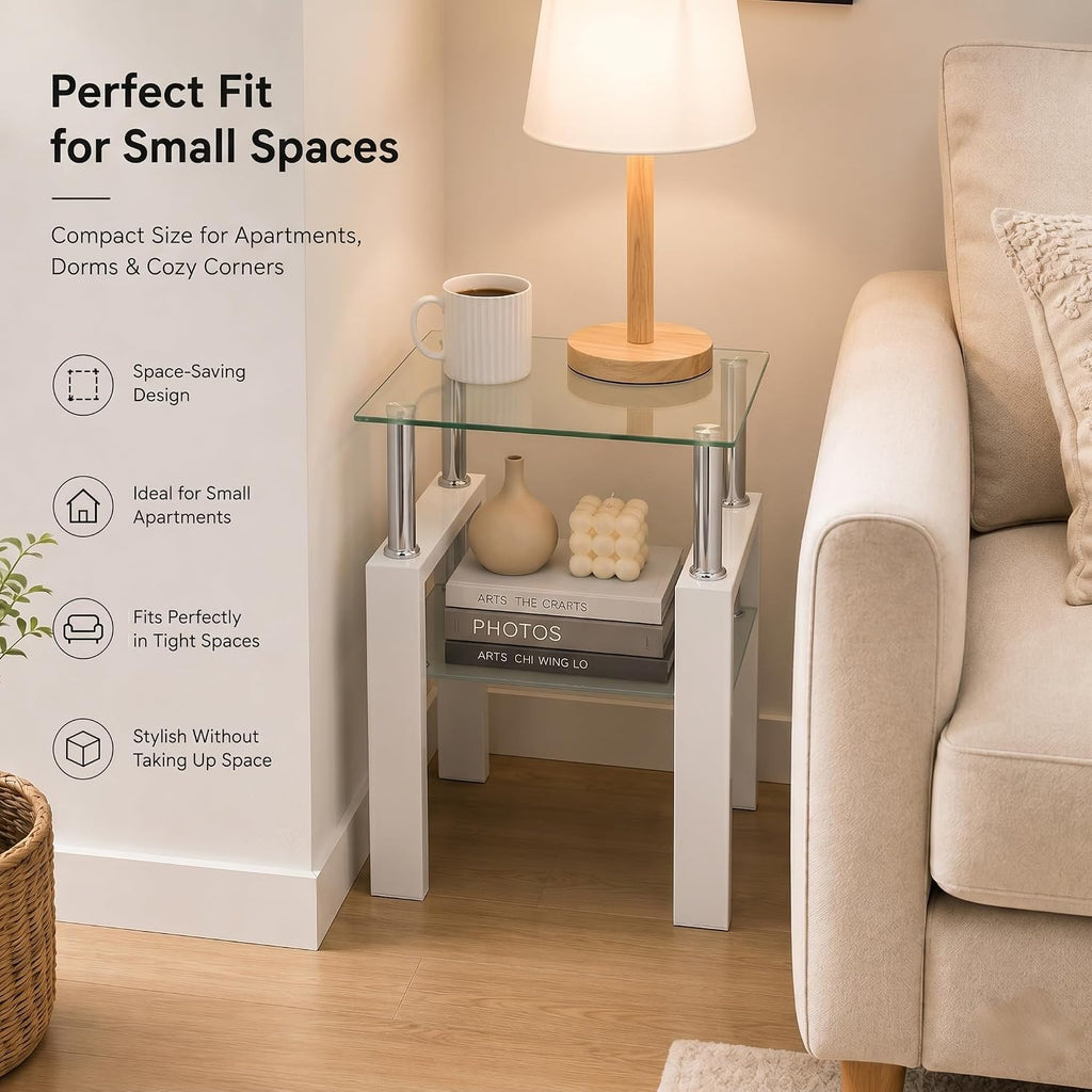 Meihua Tempered Glass End Table, White Modern Square Side Table with Metal Frame, 2-Tier Glass Accent Table for Living Room, Bedroom, Apartment & Small Spaces