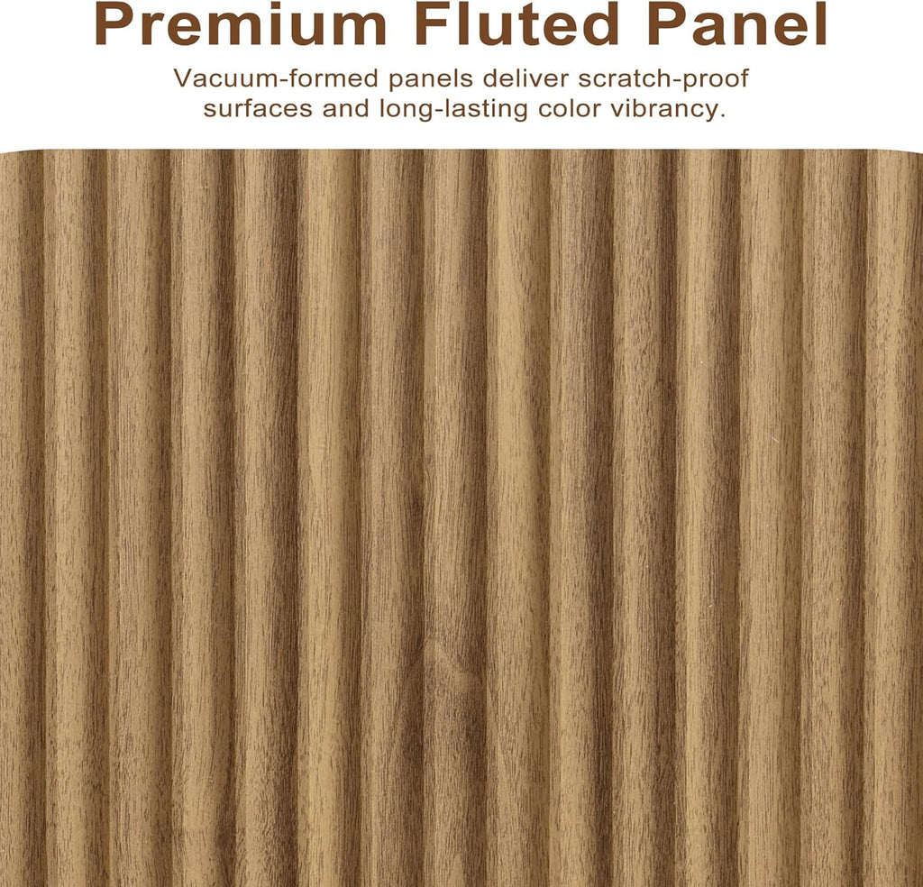 Fluted Sideboard Buffet Cabinet, 63" Wooden Credenza Storage Cabinet with 4 Doors and Adjustable Shelves, Fluted Sideboard Cabinet for Kitchen, Living Room, Natural Oak