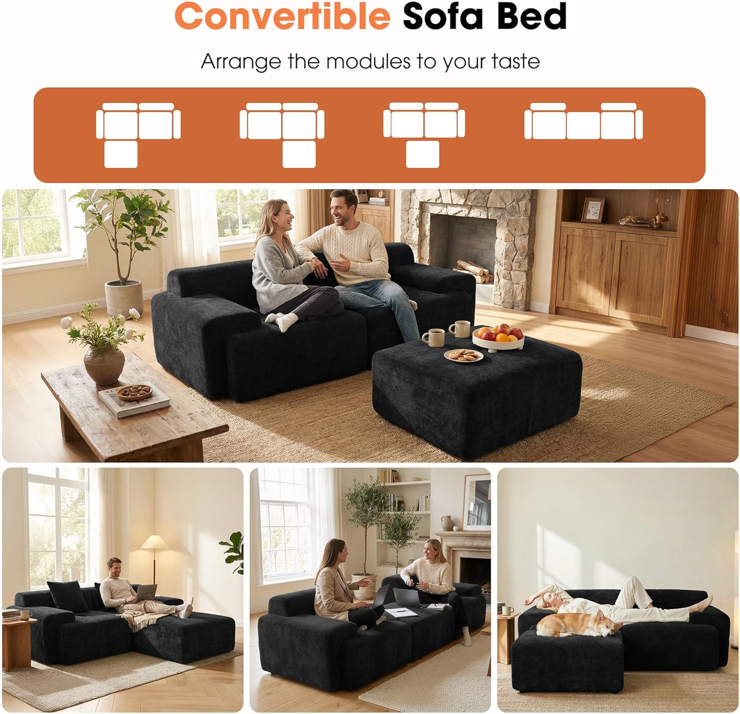 83.5" Boneless Loveseat with Ottoman, 30" Deep Seat Modular Sofa, Cloud Comfy Couches for Living Room, Apartment, Bedroom, No Assembly Required (Dark Gray)