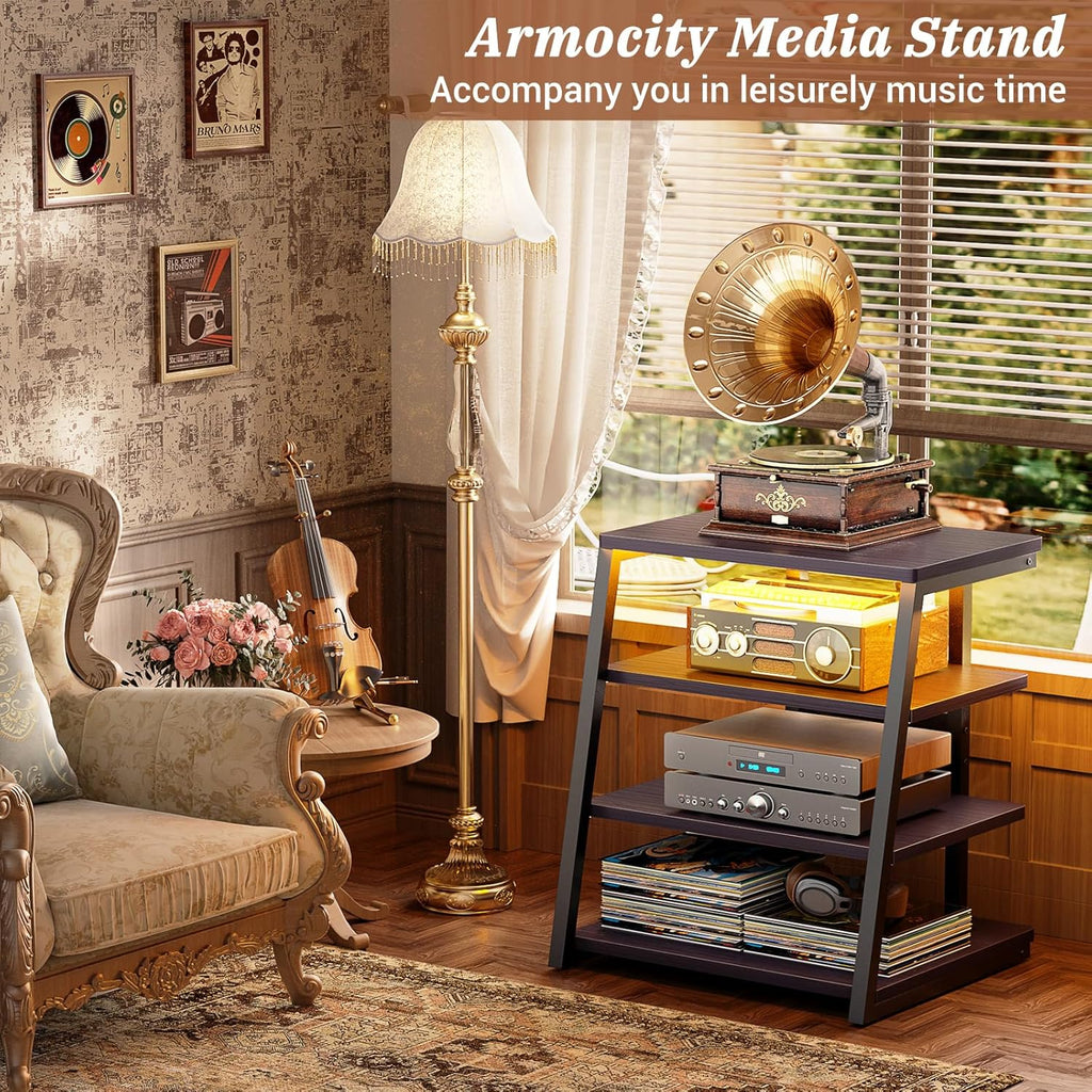 Armocity 4-Tier AV Media Stand with Power Strips, Stereo Stand with LED Lights, Rack Audio Tower with Adjustable Shelves, Small Entertainment Center, 30'', Black Ebony