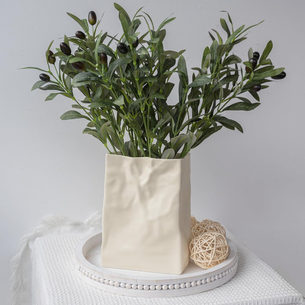 Relexome Paper Bag Vase Crinkle Wide Ceramic Flower Vase Cream White Boho Wabi-Sabi Vases, Cute Home Office Living Room Decor Aesthetic Unique Bookshelf Decorative, Bouquet Gifts for Women Girl 8 Inch