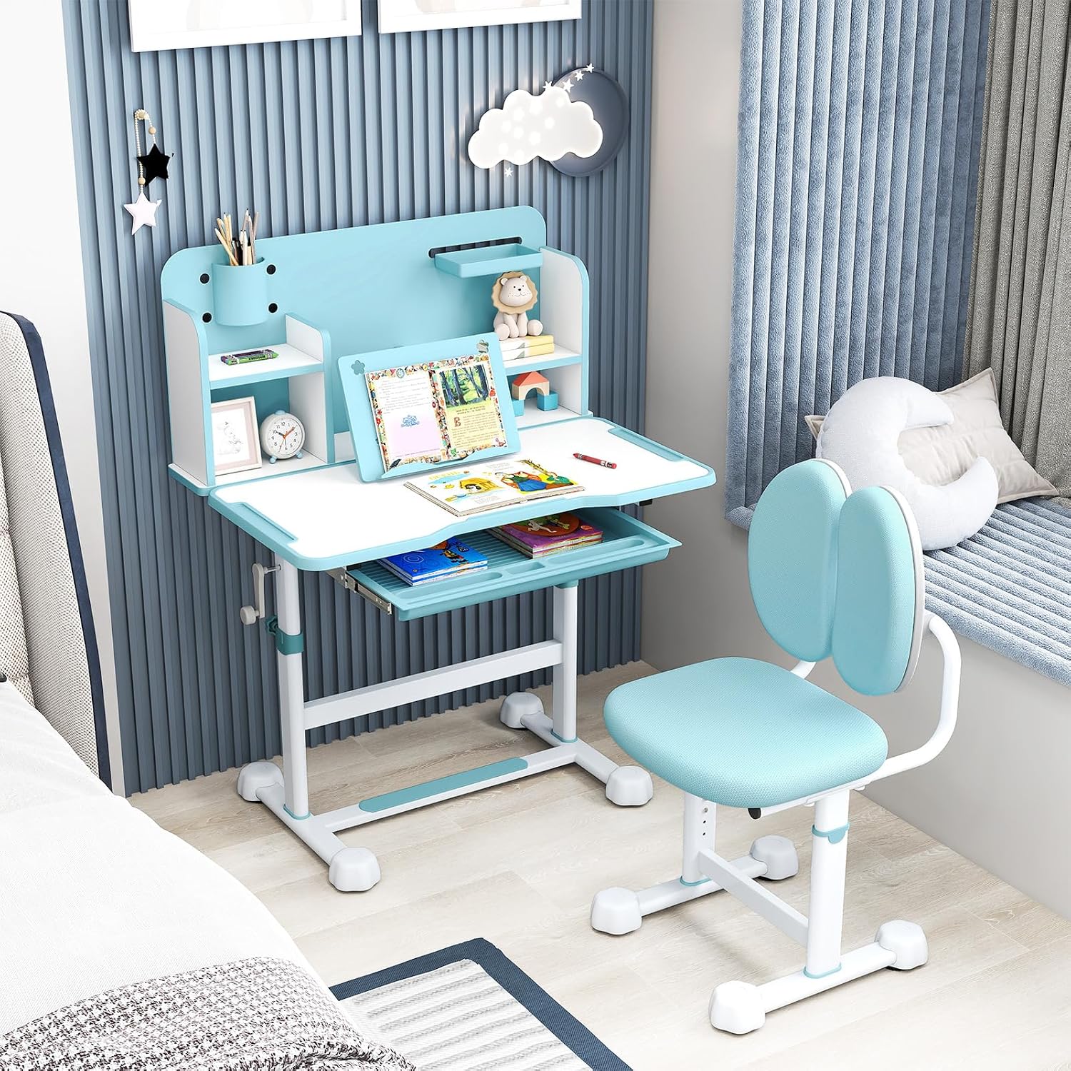 Costzon Kids Height-Adjustable Study Desk and Chair Set with Tilting Desktop, Pen Holder, Reading Stand, Footrest Bar, Ergonomic Design for Toddlers (Blue, 31.5"x21.5"x42")
