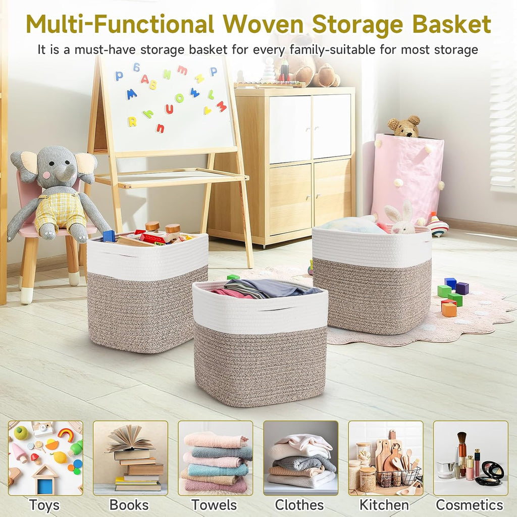 3Pack Cube Storage Bins,Square Storage Baskets for Christmas Decorative,Foldable Trunk organizer for Car,11Inch Durable Cotton Rope Woven Storage Basket for Organizing-Brown Basket for Shelves,Camping