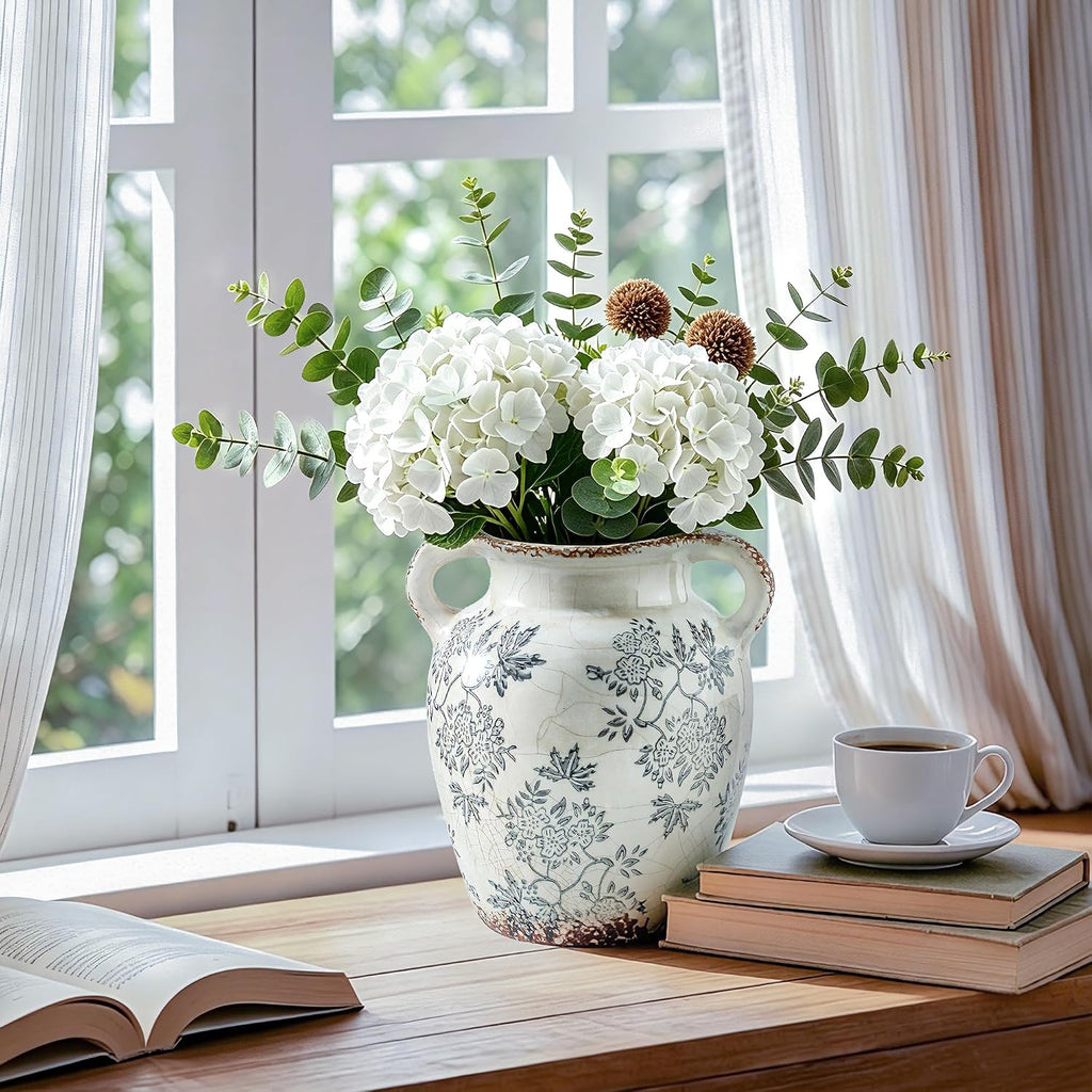 Enra 7.8" Blue and White Ceramic Vase with Double Handles – Handcrafted Chinoiserie Floral Vase, Decorative Vase for Living Room Centerpiece, Bookshelf & Office