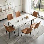 47.2"-63" Extendable Dining Room Table Set for 4-8 People, White | Removable Extension Leaf, Durable MDF Rectangle Tabletop, 6 Brown Sleek Faux Leather Chairs, Heavy Duty Modern Kitchen Table