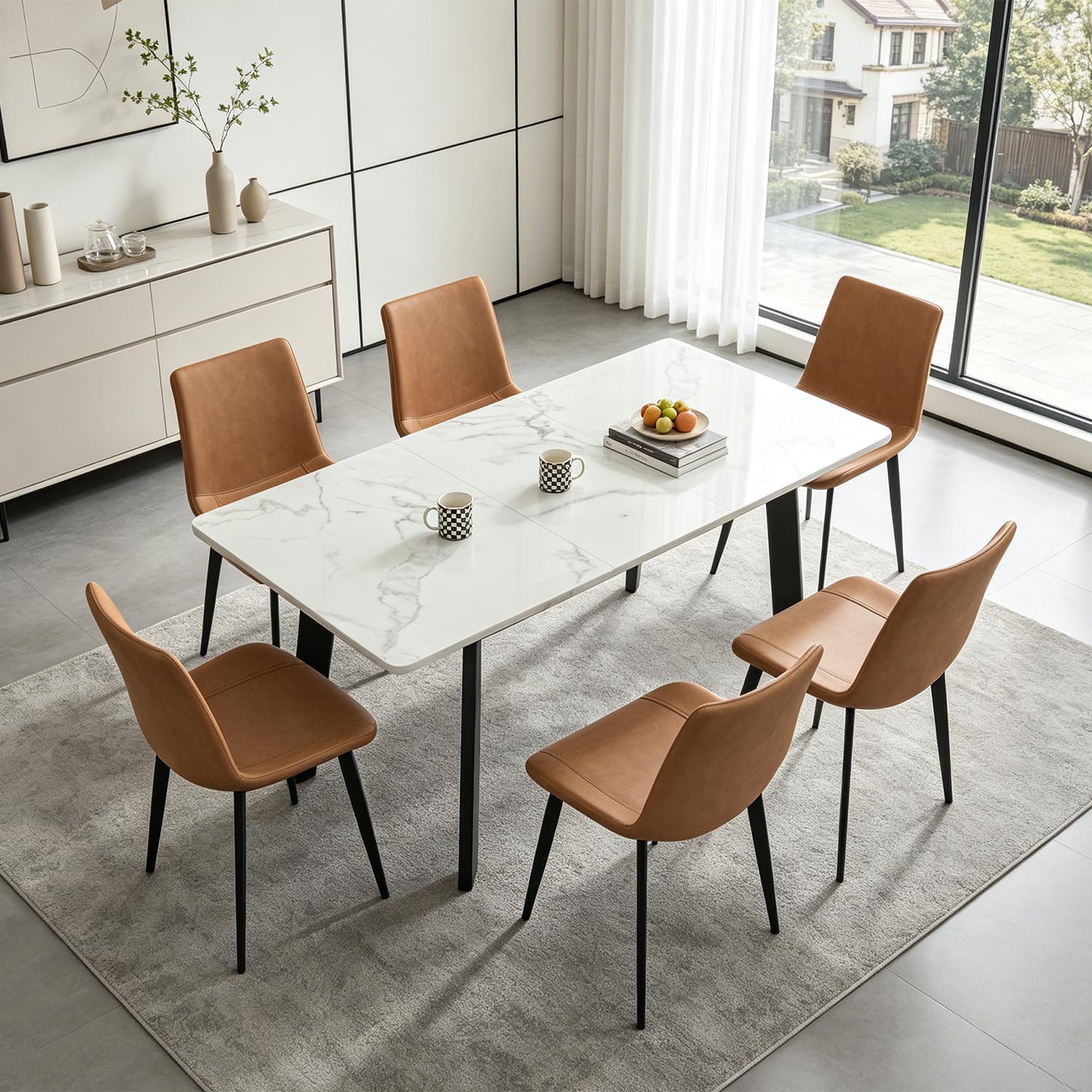 47.2"-63" Extendable Dining Room Table Set for 4-8 People, White | Removable Extension Leaf, Durable MDF Rectangle Tabletop, 6 Brown Sleek Faux Leather Chairs, Heavy Duty Modern Kitchen Table