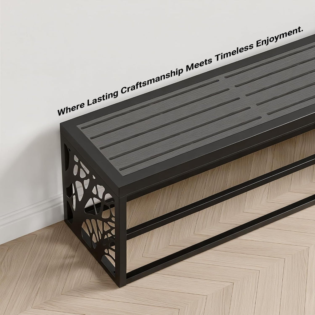 47" Outdoor Garden Bench with Storage Shelf, Modern Black Entryway Bench, Wood-Grain HDPE Seat, Galvanized Steel Frame with Powder Coating for Porch, Yard, Patio, Tree